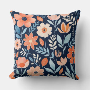 Blue, white and orange boho floral throw pillow
