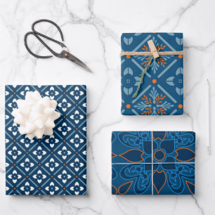 Blue, White and Orange Spanish Tile Assorted Wrapping Paper Sheet