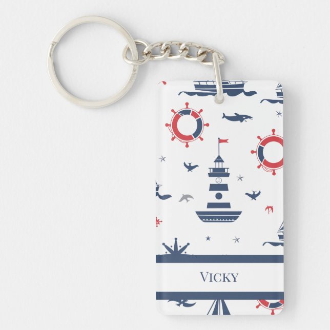 Blue, white and red nautical design keychain (Front)