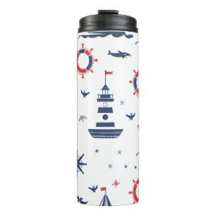 Blue, white and red nautical design thermal tumbler