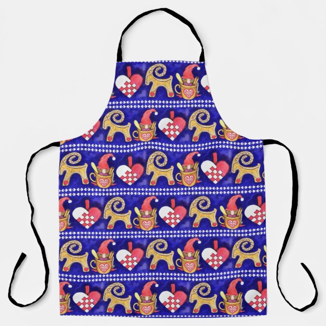 Blue White and Red Swedish Christmas Watercolor Apron (Front)