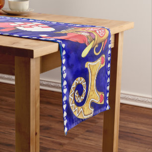 Blue White and Red Swedish Christmas Watercolor Short Table Runner
