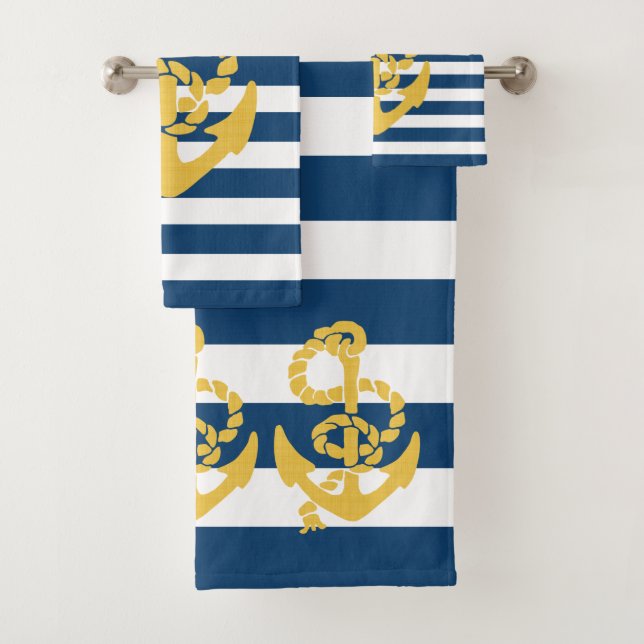 Blue White And Yellow Sailing Anchor Beach Themed Bath Towel Set (Insitu)
