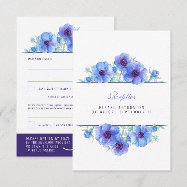 Blue white anemone floral wedding QR reply RSVP  (Front/Back)