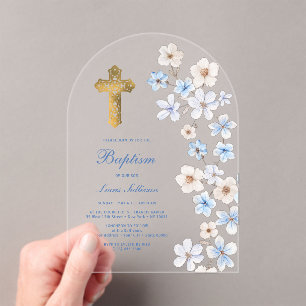 Blue White Anemones Arch Baptism Acrylic Invitations