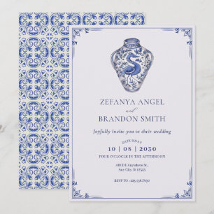 Blue white antique vase art wedding  invitation