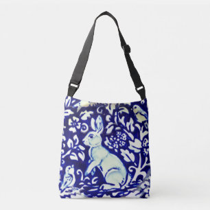 Blue, White Aqua Rabbit Birds Leaves Shopping Tote