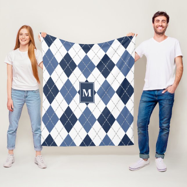 blue white argyle plaid monogrammed fleece blanket (In Situ)