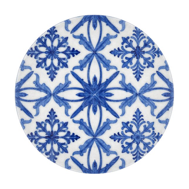 Blue White Azulejo Tile Floral Pattern Cutting Board (Front)