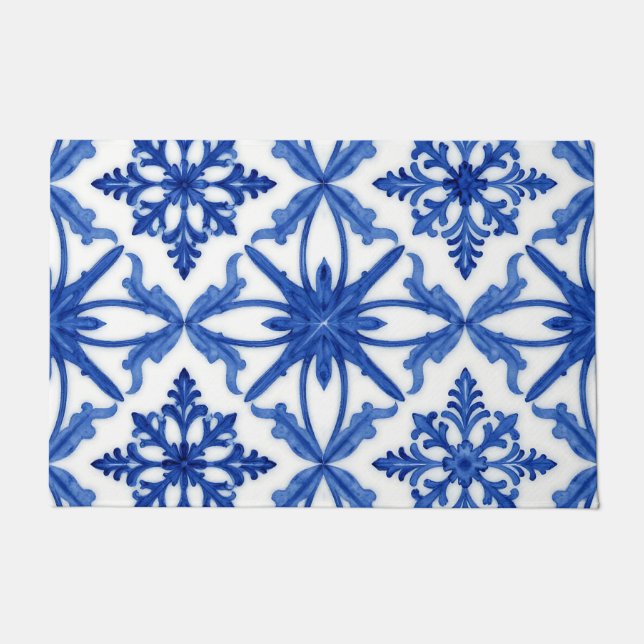 Blue White Azulejo Tile Floral Pattern Doormat (Front)