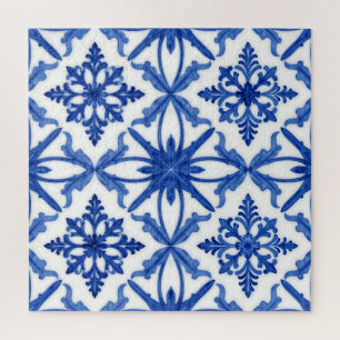 Blue White Azulejo Tile Floral Pattern Jigsaw Puzzle