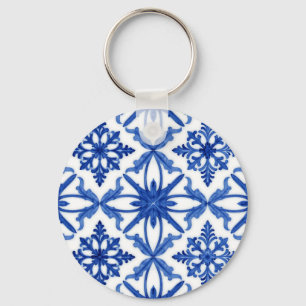 Blue White Azulejo Tile Floral Pattern Keychain