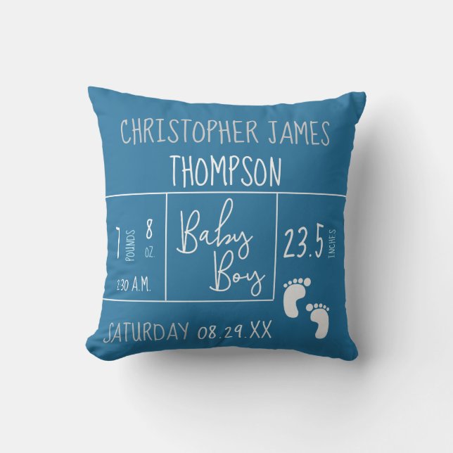 Blue White Baby Boy Photo Birth Announcement Throw Pillow (Front)