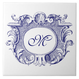 Blue & White Baroque Cartouche Shell Monogram Tile