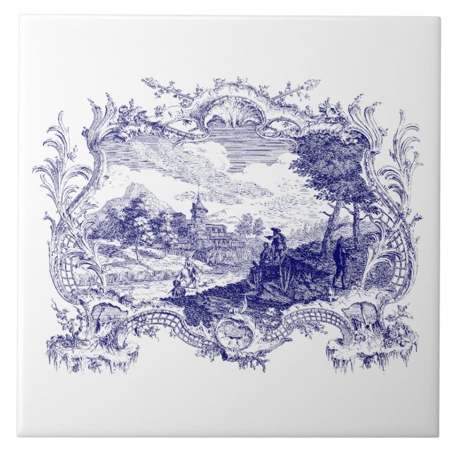 Blue & White Baroque Rococo Cartouche Castle Tile (Front)