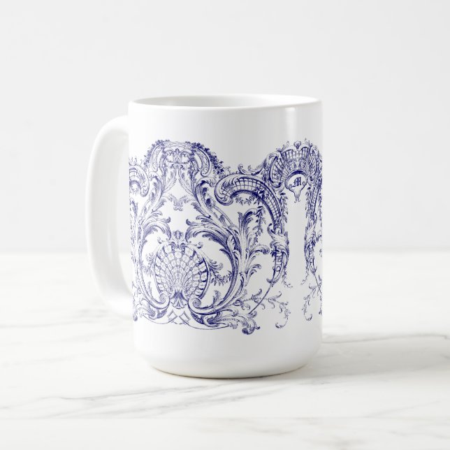 Blue & White Baroque Rococo Cartouche Frieze Coffee Mug (Front Left)
