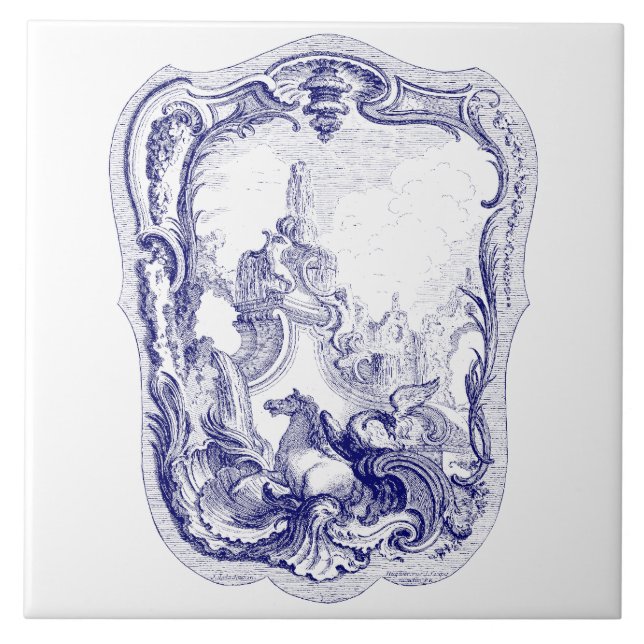 Blue & White Baroque Rococo Cartouche Mermaids Tile (Front)
