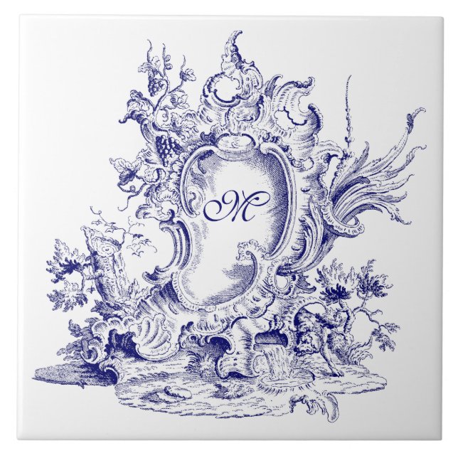 Blue & White Baroque Rococo Cartouche Monogram Tile (Front)