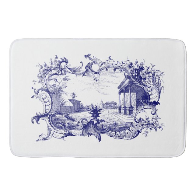 Blue & White Baroque Rococo Cartouche Ruins Scene Bath Mat (Front)