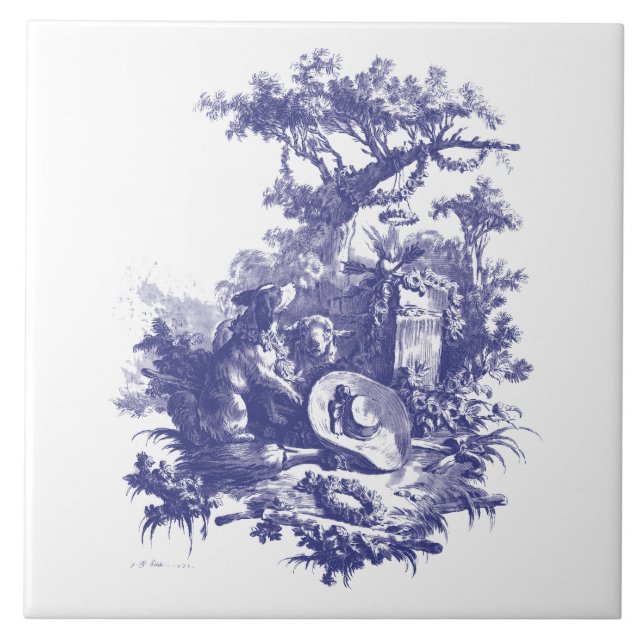 Blue & White Baroque Rococo Dog & Sheep Landscape Tile (Front)