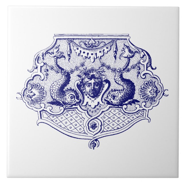 Blue & White Baroque Rococo Dolphin Cartouche Tile (Front)