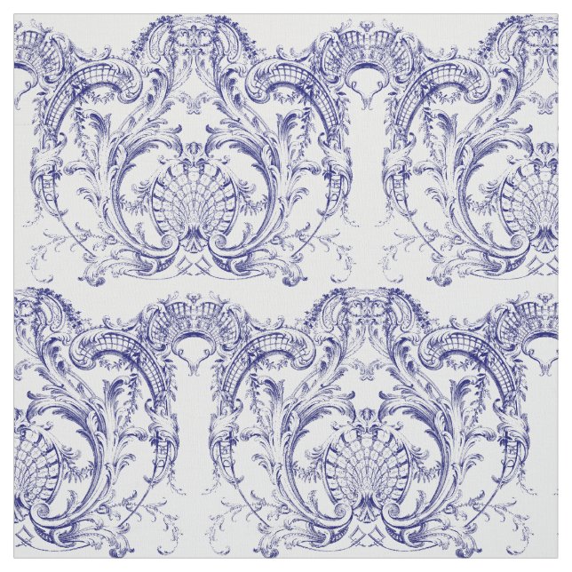 Blue & White Baroque Rococo Pattern Fabric (Swatch)