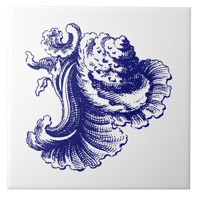 Blue & White Baroque Rococo Rocaille Sea Shell Tile (Front)