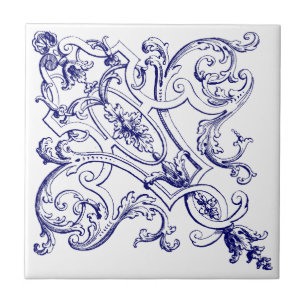 Blue & White Baroque Rococo Seashells Pattern b Tile