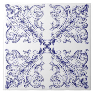Blue & White Baroque Rococo Seashells Pattern Tile