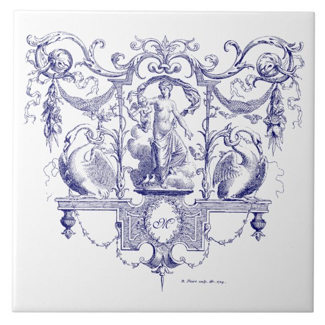 Blue & White Baroque Rococo Venus & Swans Tile (Front)