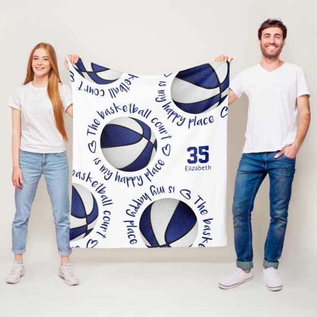 blue white basketball court my happy place sports fleece blanket (In Situ)