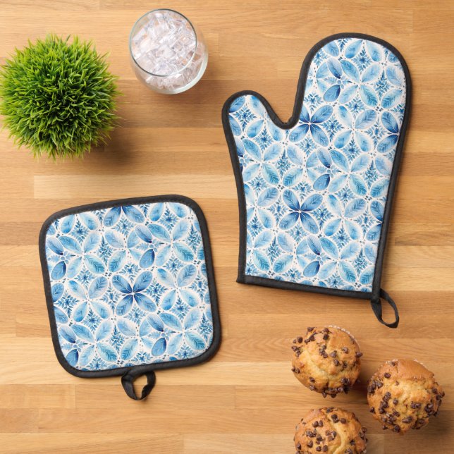 Blue White Batik Floral Bridal Shower Oven Mitt & Pot Holder Set (Top Down)