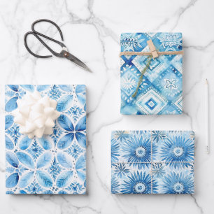 Blue White Batik Floral Bridal Shower Wrapping Paper Sheet