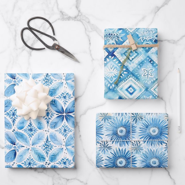 Blue White Batik Floral Bridal Shower Wrapping Paper Sheet (Front)