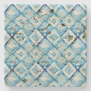 Blue White Batik Squares Stone Coaster