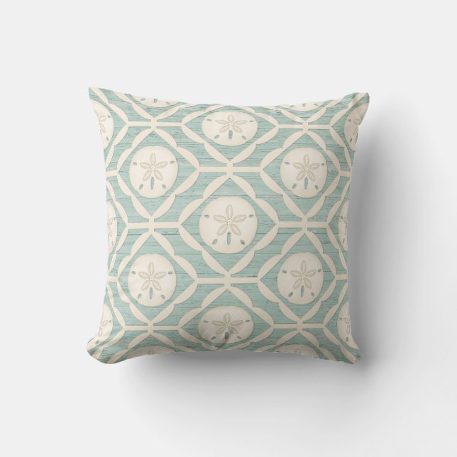 Blue White Beach Sand Dollar Throw Pillow (Front)