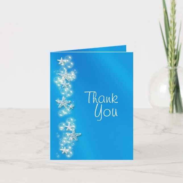 Blue white beach starfish thanks thank you card (Front)