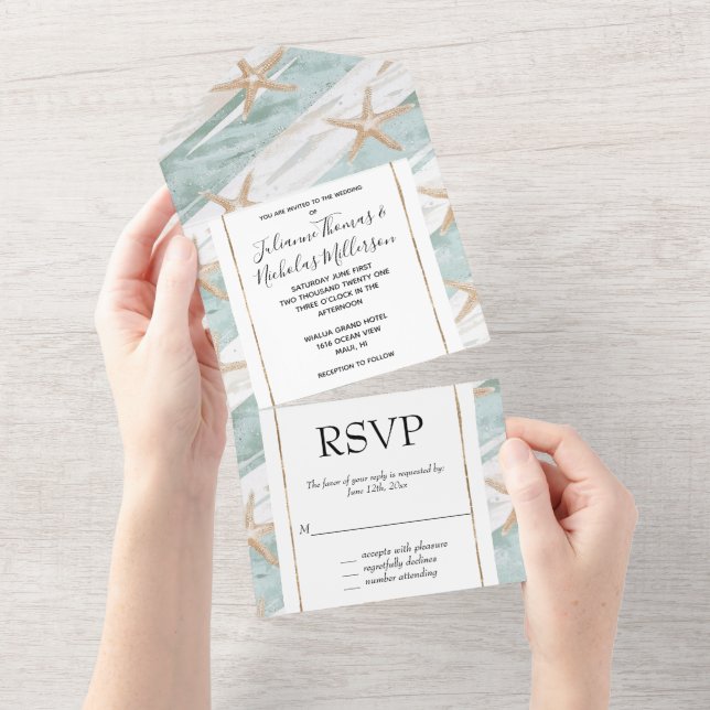 Blue White Beach Starfish Wedding All In One Invitation (Tearaway)