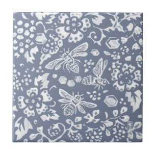 Blue White Bee Botanical Delft Dedham Painting Tile