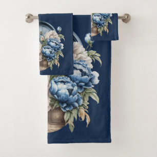 Blue, White & Beige Vintage Peony Towel Set