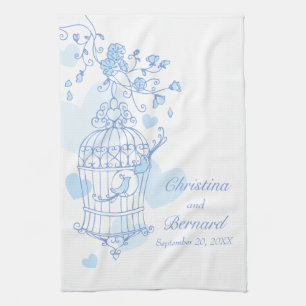 Blue white birds wedding keepsake kitchen towel