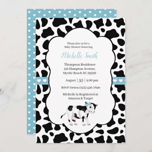 Blue White Black Cow Print Baby Shower Invitation (Front/Back)