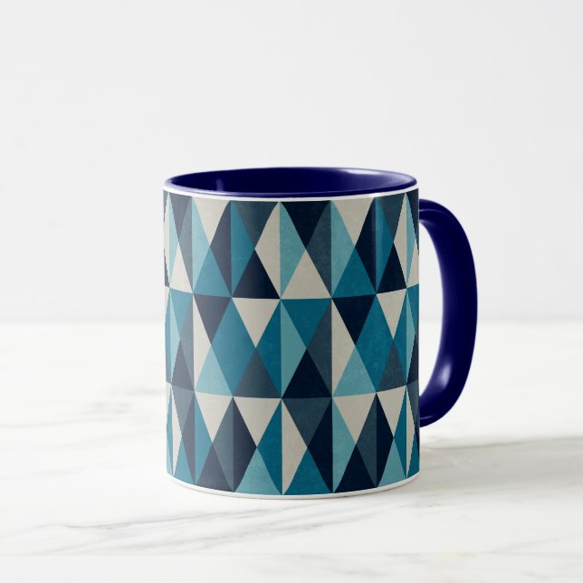 Blue White Black Geometric Rhombic Pattern Mug (Front Right)