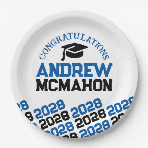 Blue, White & Black Half Repeat Grad Personalized Paper Plate