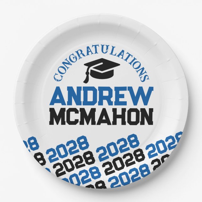 Blue, White & Black Half Repeat Grad Personalized Paper Plate (Front)
