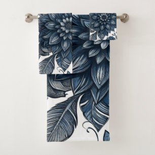 Blue & White Bohemian Floral Print Bath Towel Set