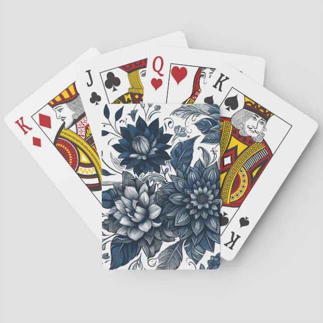 Blue & White Bohemian Floral Print Playing Cards (Back)