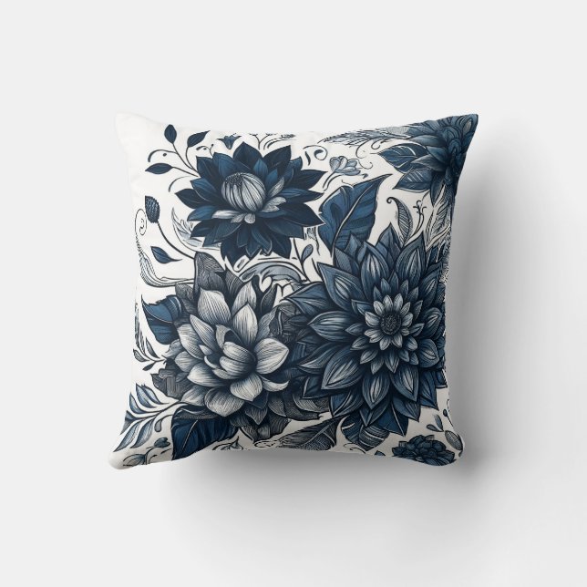 Blue & White Bohemian Floral Print Throw Pillow (Back)