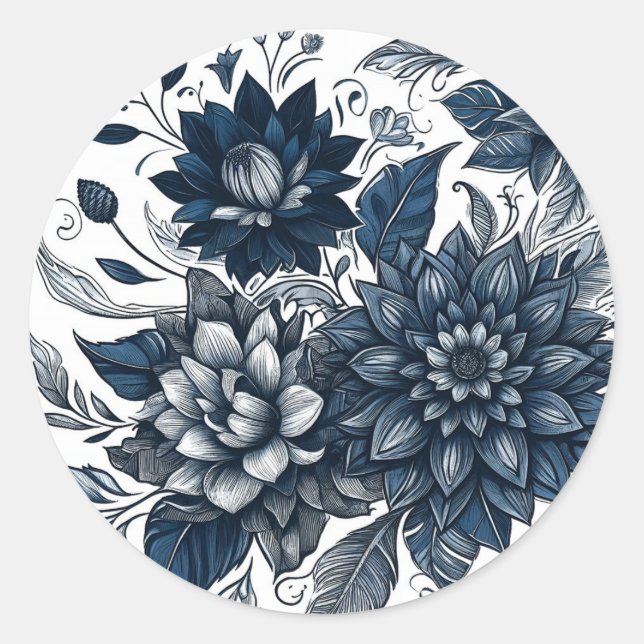 Blue & White Bohemian Floral Wedding Classic Round Sticker (Front)