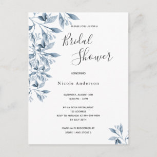 Blue white botanical Bridal Shower invitation Postcard